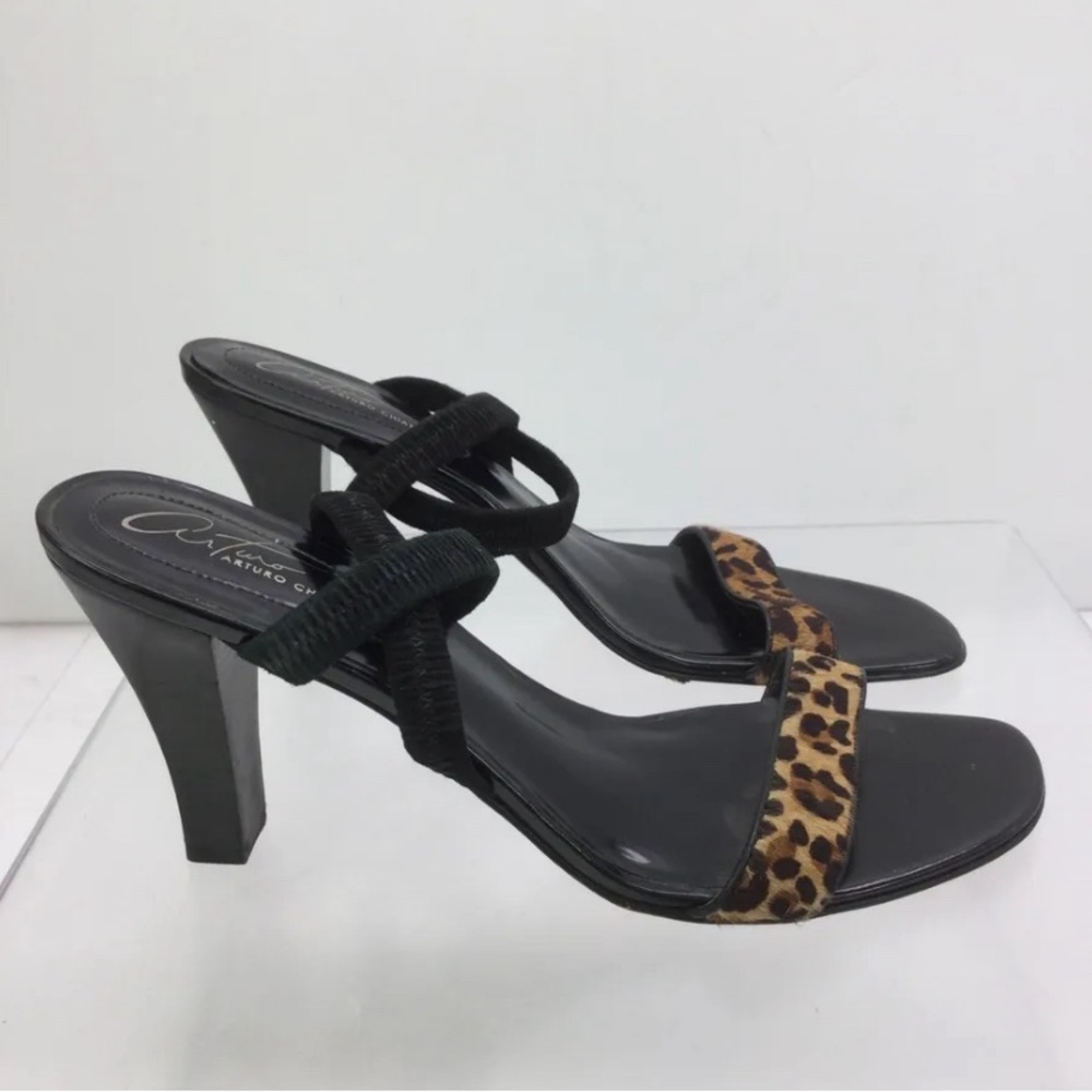 Arturo Chiang Black All Leather Leopard Dyed Calf Hair Sandals Size 8M .